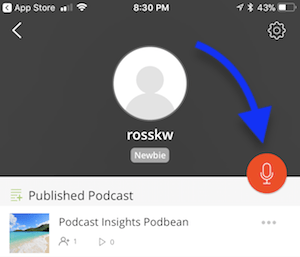 podbean app account screen with arrow to record button