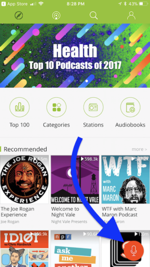 podbean app home screen with arrow to record button