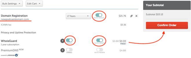 Namecheap cart options