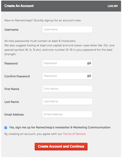 Namecheap create account