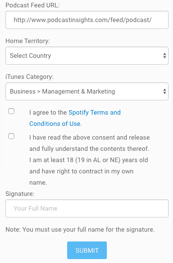 Blubrry Spotify submission form