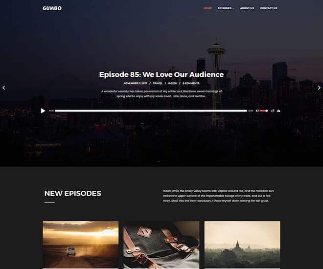 Gumbo podcast wordpress theme homepage