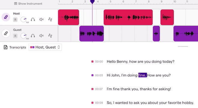 Soundtrap timeline and transcription editing screen