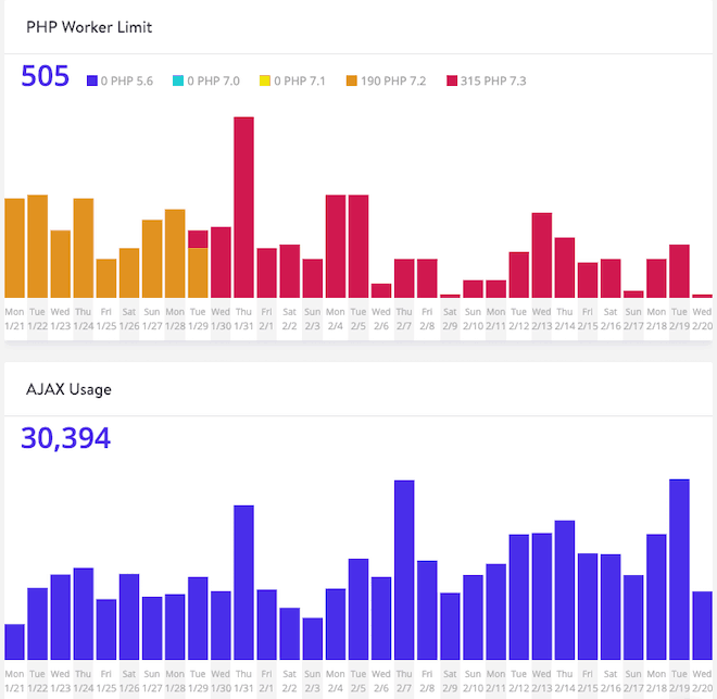 Kinsta Analytics PHP Worker limit and AJAX usage graphs