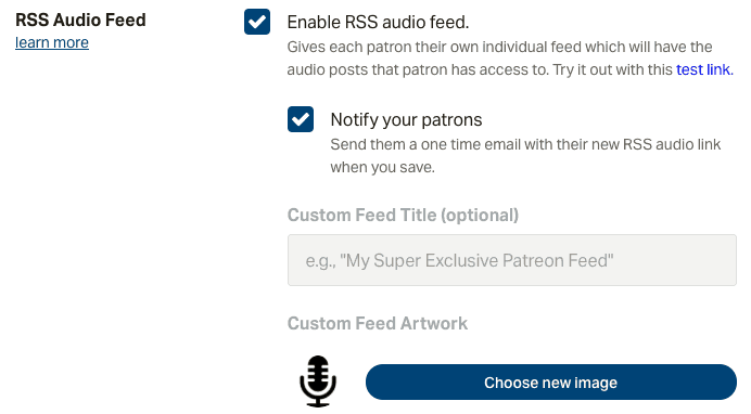 Patreon RSS feed settings